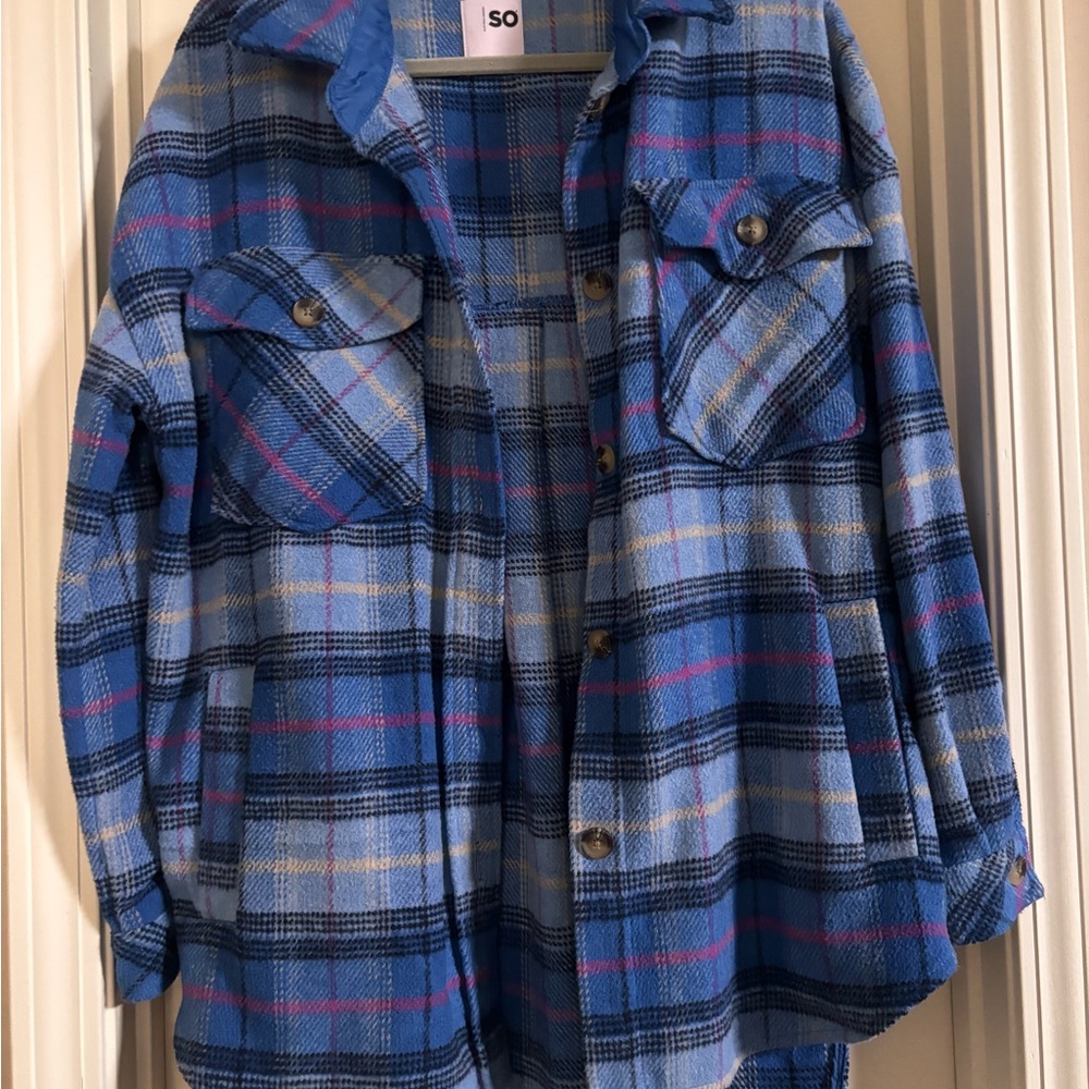 So Goods For Life Junior Blue Multi Plaid Oversized Shackets - Sizes L/XL